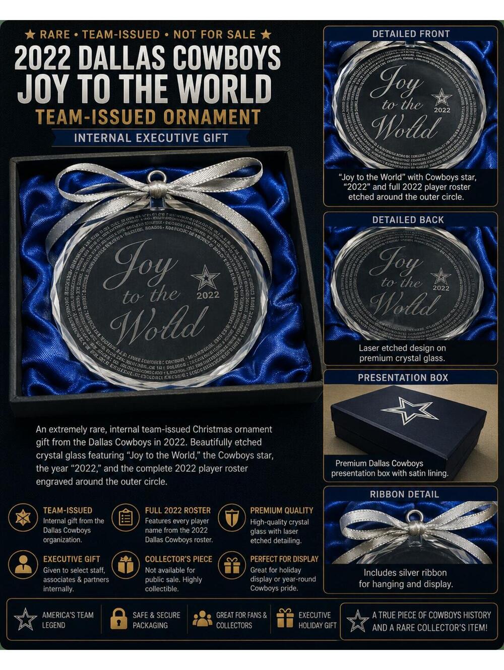 Rare 2022 Dallas Cowboys Team-Issued “Joy to the World” Crystal Ornament